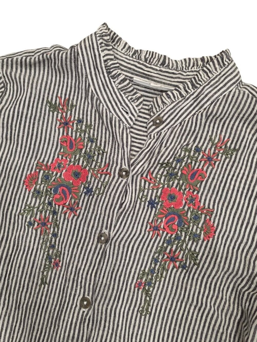 North Style Striped Button-Up Blouse With Floral Embroidery Medium fall long sle